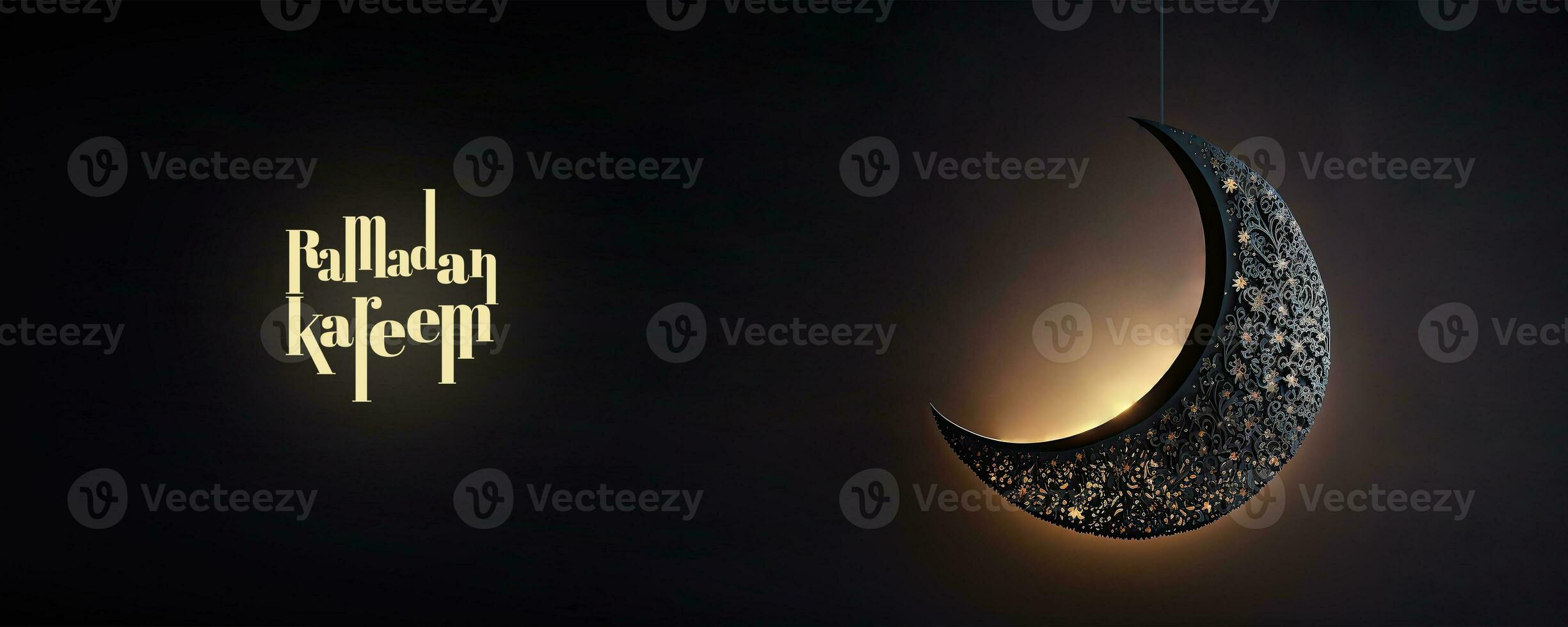 Ramadan Kareem Banner Design With 3D Render of Hanging Exquisite Crescent Moon On Black Background. photo