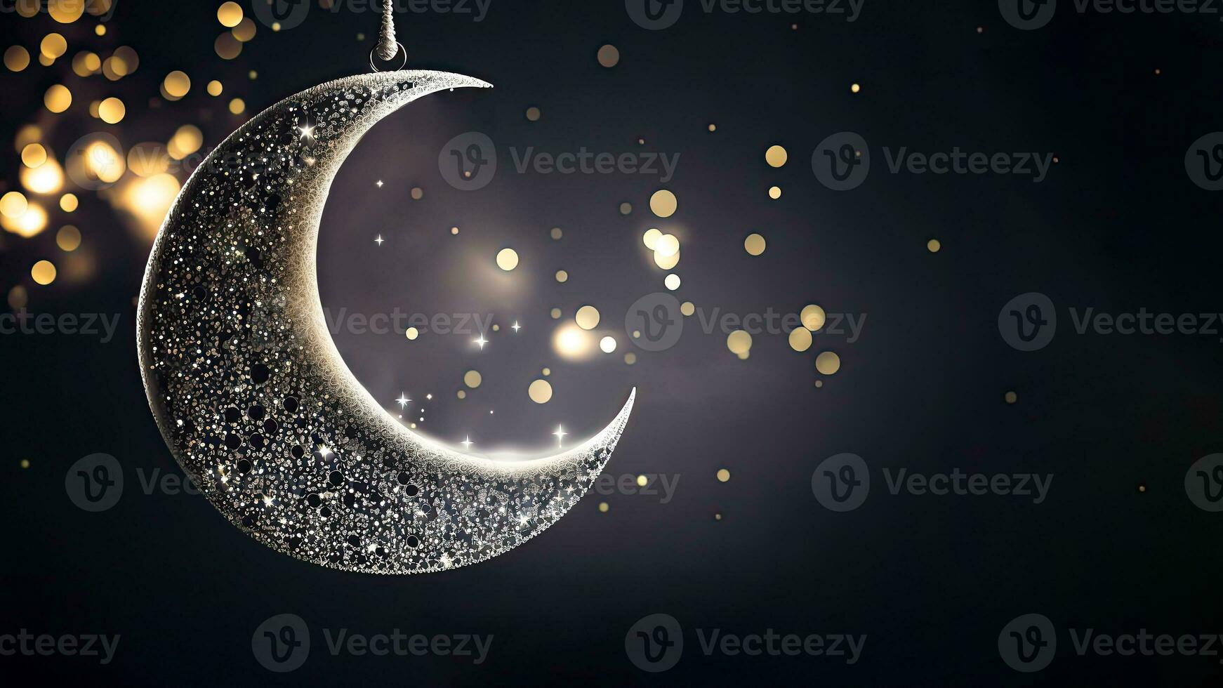 3D Render of Exquisite Shiny Crescent Moon On Bokeh Background. Islamic Religious Concept. photo
