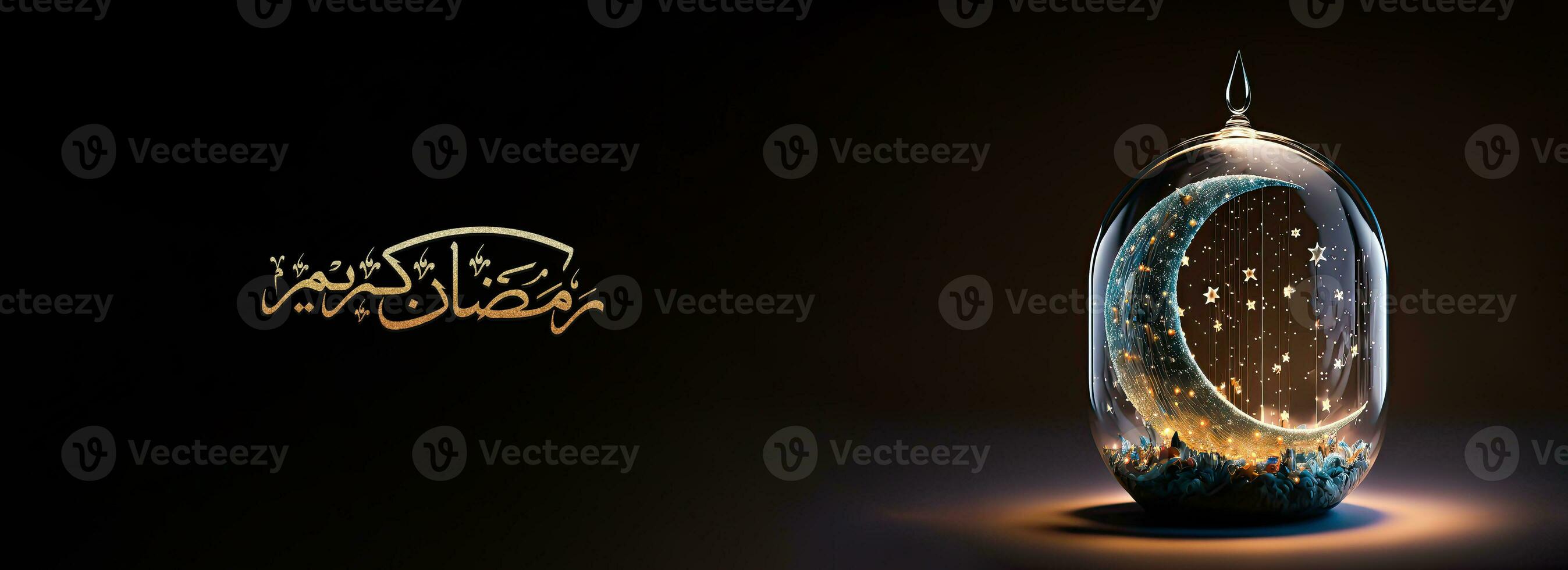 Arabic Calligraphy of Ramadan Kareem And 3D Render, Beautiful Shiny Crescent Moon Inside Glass Vase or Lantern On Black Background. Banner or Header Design. photo