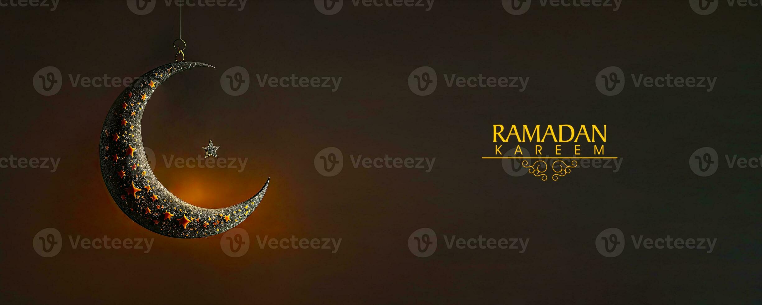 Ramadán kareem bandera diseño con 3d hacer de colgando creciente Luna y estrella en oscuro antecedentes. foto