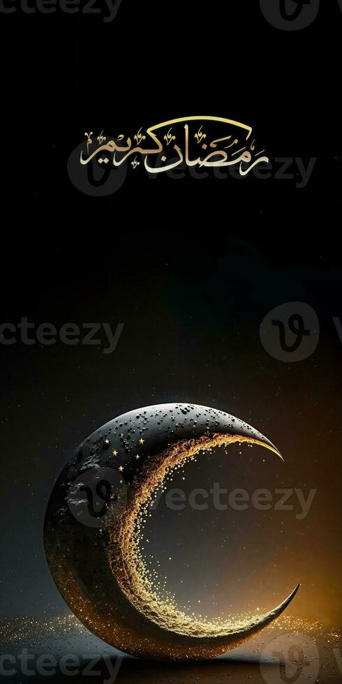 Arabic Calligraphy of Ramadan Kareem And 3D Render, Dispersion Crescent Moon On Black Background. Banner or Header Design. photo