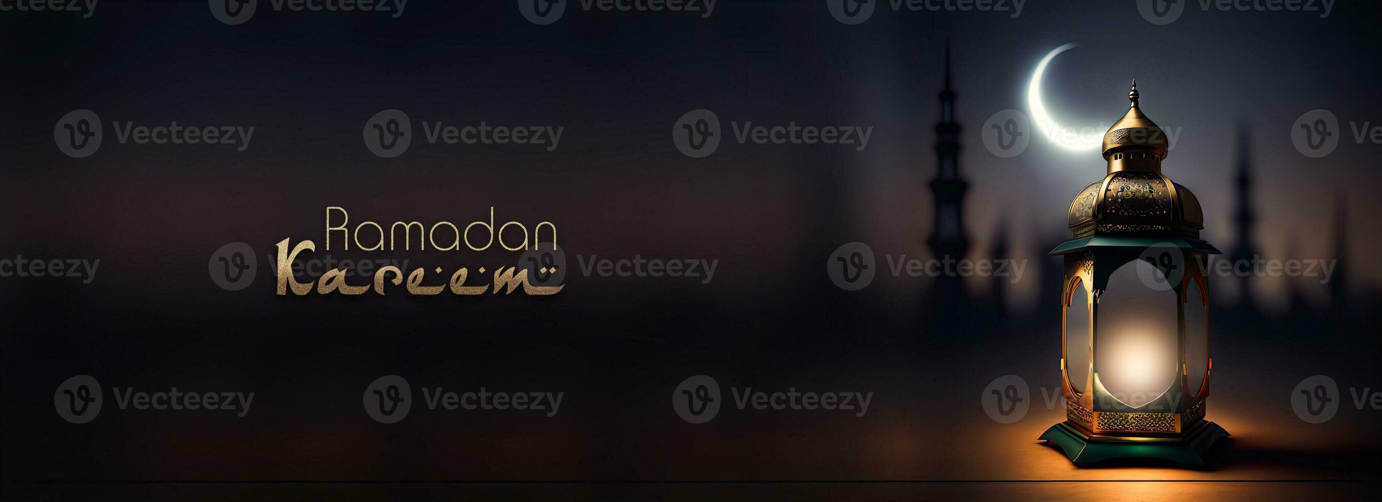 Ramadan Kareem Banner Design With 3D Render of Illuminated Arabic Lamp On Crescent Moon Night Background. photo