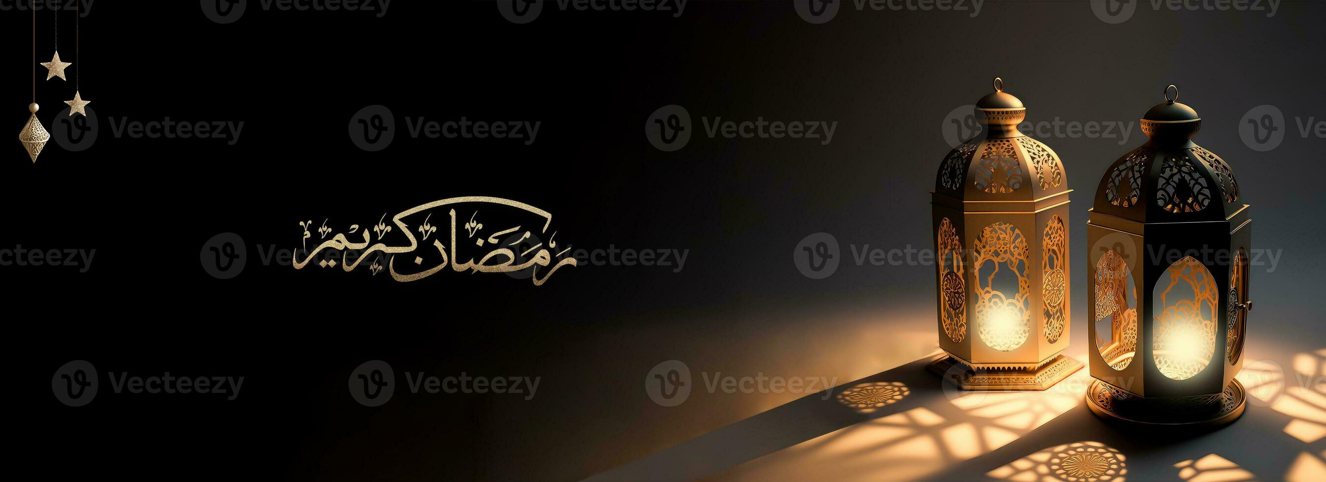 Arabic Calligraphy of Golden Glitter Ramadan Kareem And 3D Render, Illuminated Arabic Lamp On Black Background. photo