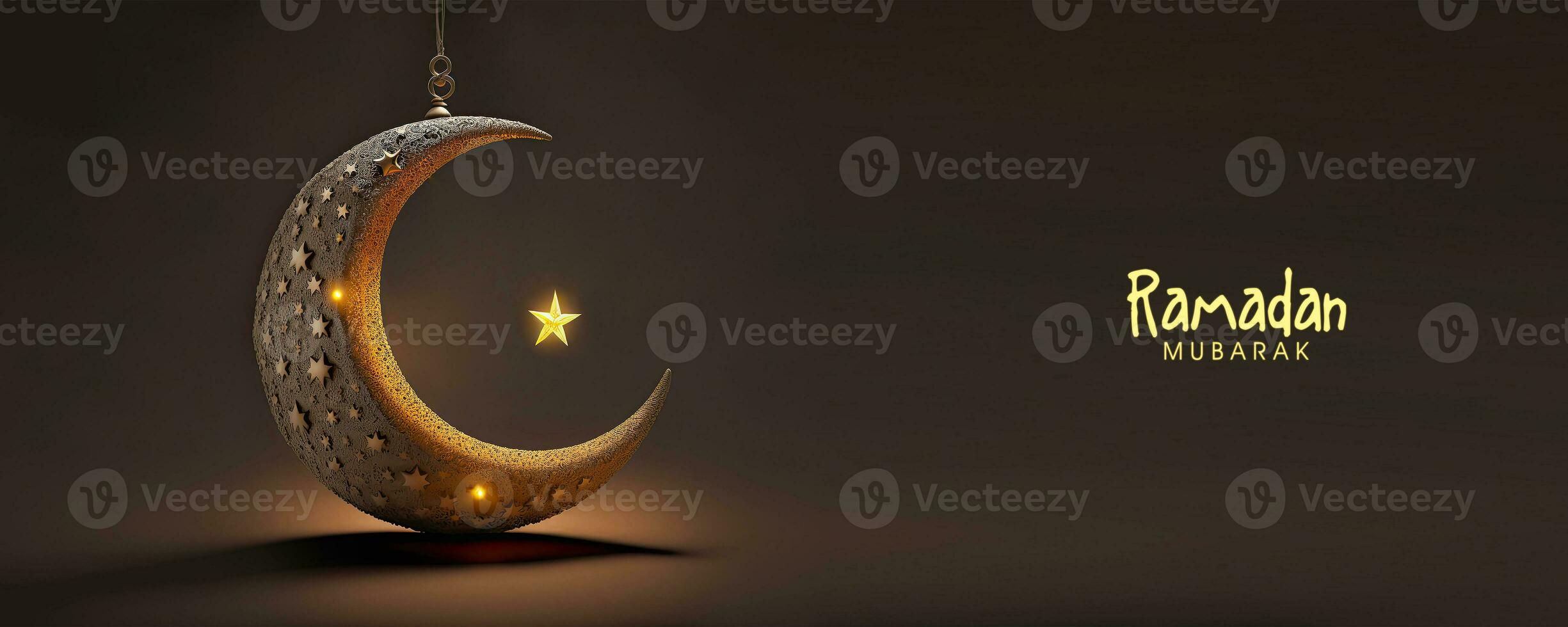 Ramadan Mubarak Banner Design With 3D Render of Hanging Crescent Moon And Glowing Star On Black Background. photo