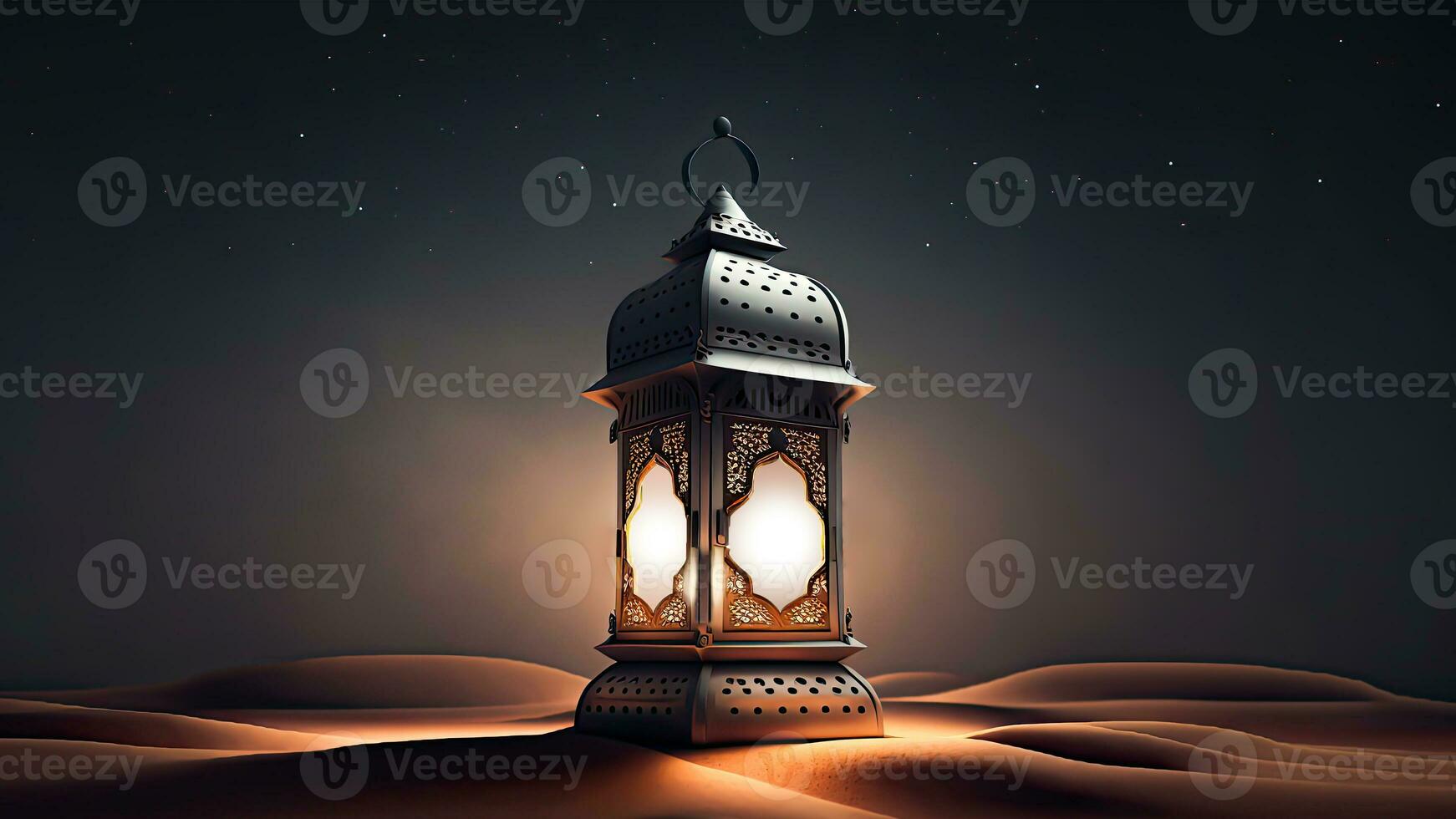 3D Render of Illuminated Arabic Lamp On Sand Dune. Islamic Religious