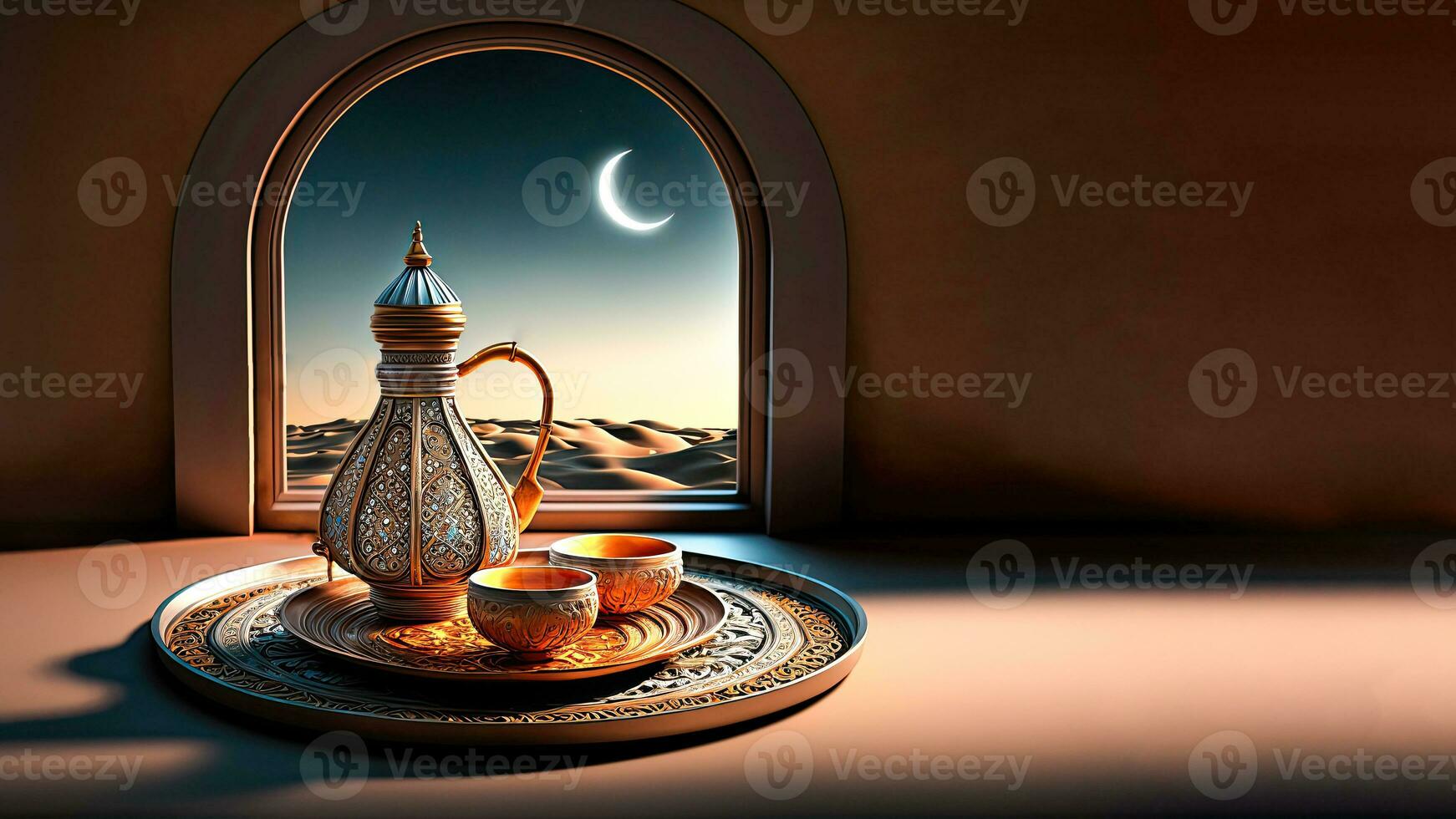 3D Render Of Arabic Jug With Bowls On Plate And Crescent Moon Inside Window. Islamic Religious Concept. photo