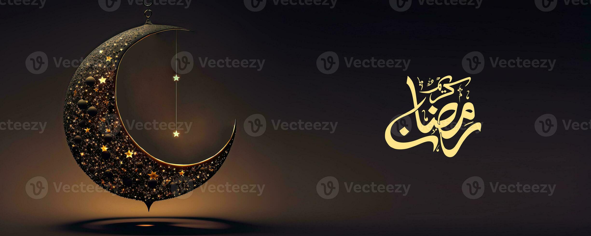 Arabic Calligraphy of Ramadan Kareem And 3D Render, Hanging Exquisite Crescent Moon Decorated Shiny Stars On Black Background. Banner or Header Design. photo