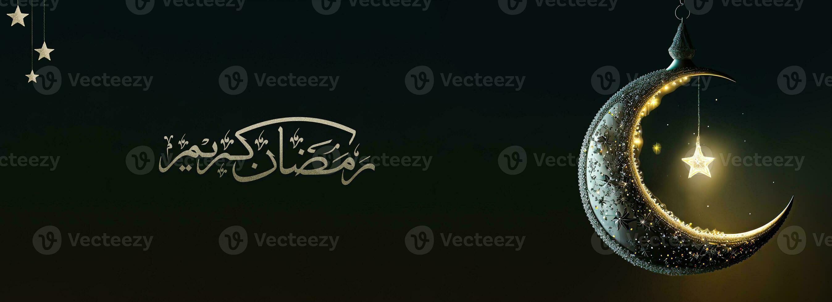 Arabic Calligraphy of Ramadan Kareem And Shiny Exquisite Crescent Moon Hang On Black Background. 3D Render. Banner or Header Design. photo