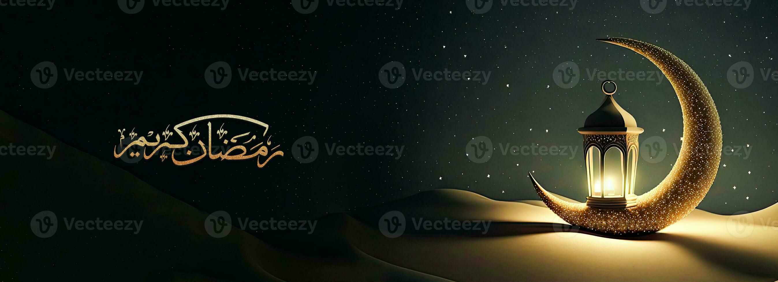 Arabic Calligraphy of Ramadan Kareem And 3D Render, Golden Exquisite Crescent Moon With Illuminated Lamp On Sand Dune. Banner or Header Design. photo
