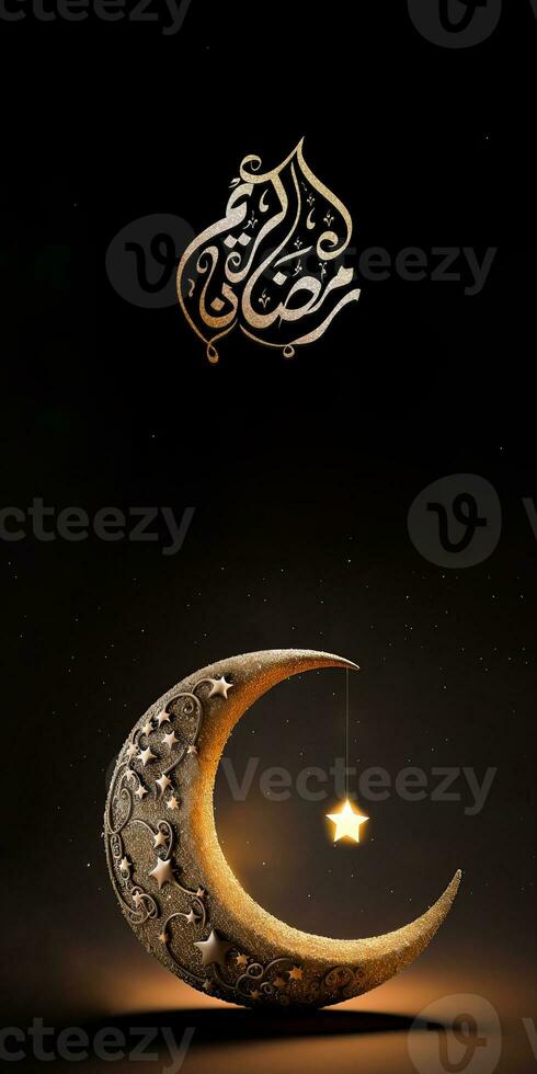 Arabic Calligraphy of Ramadan Kareem With 3D Render, Golden Exquisite Crescent Moon And Glowing Star Hang On Black Background. photo