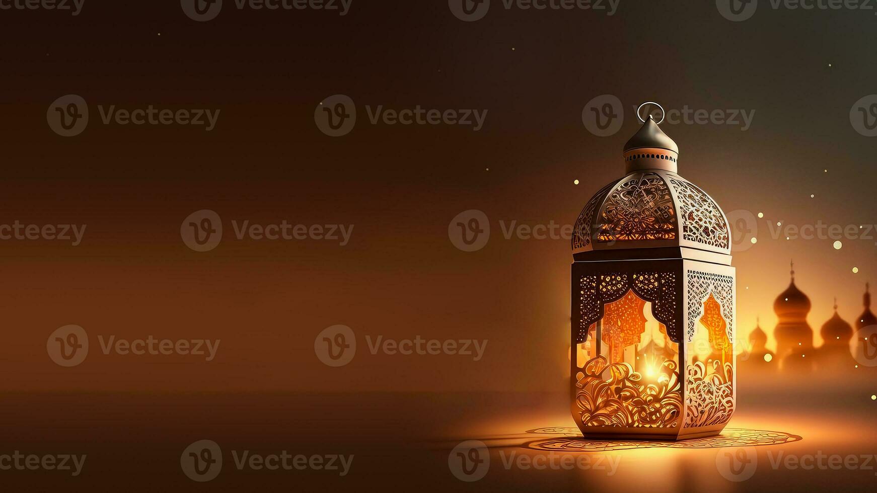 3D Render of Illuminated Arabic Lantern On Lighting Mosque Background. Islamic Religious Concept. photo