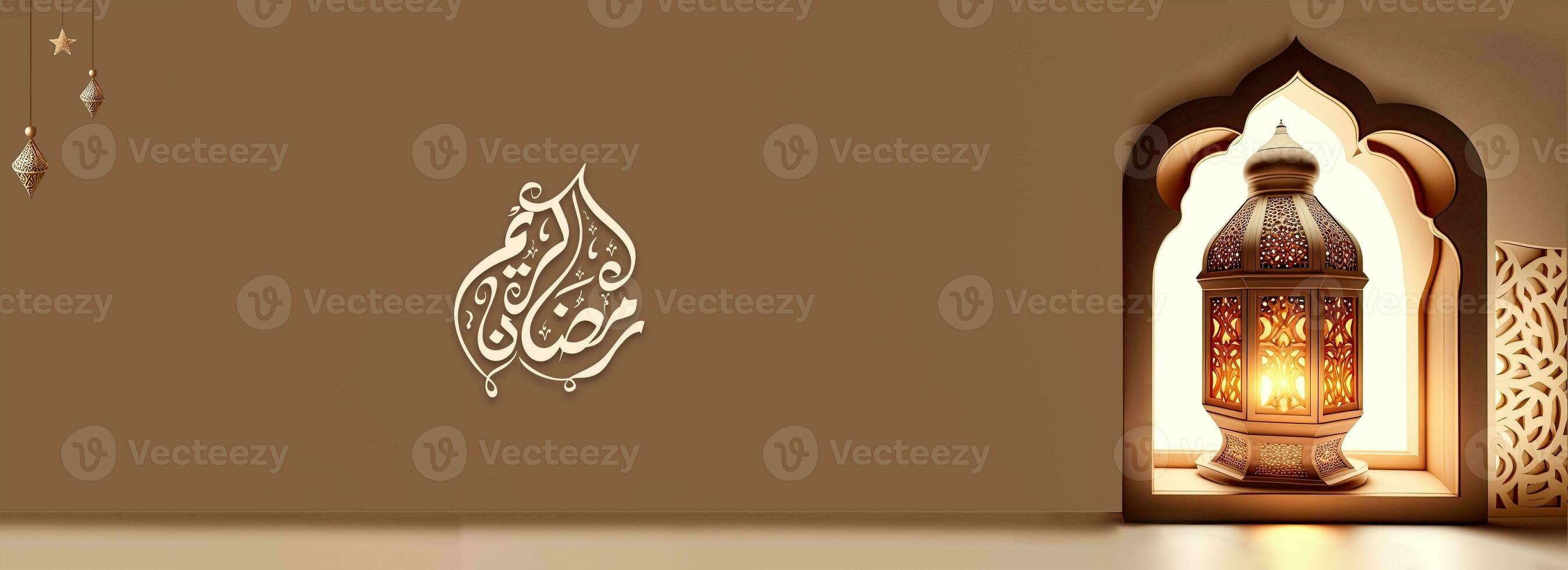 Arabic Calligraphy of Ramadan Kareem, Illuminated Arabic Lamp On Islamic Window. 3D Render. photo