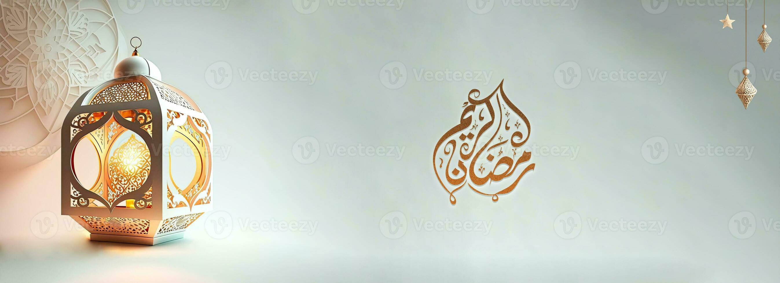 Arabic Calligraphy of Ramadan Kareem, Illuminated Arabic Lamp On Background. 3D Render. photo