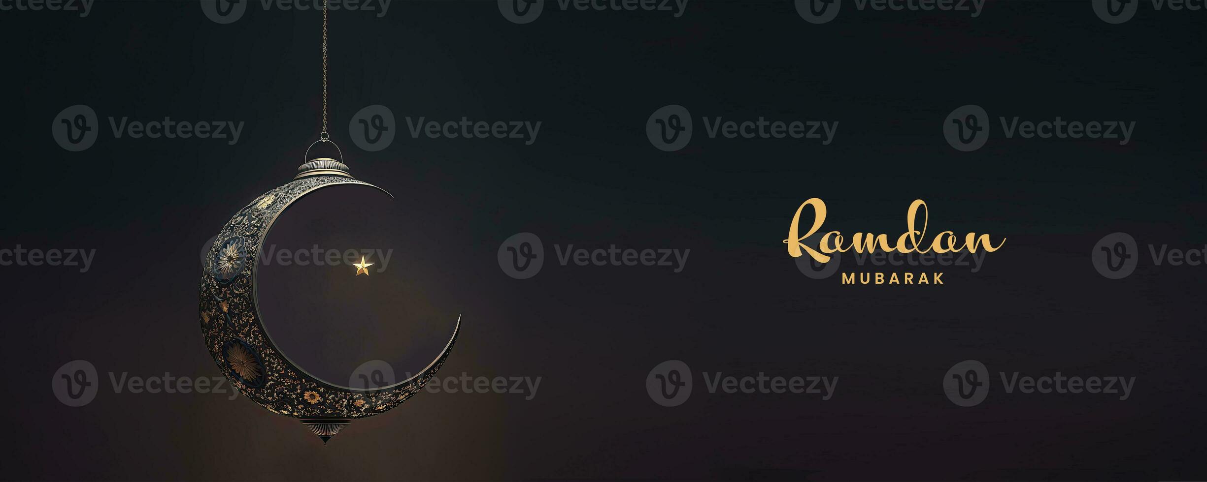 Ramadan Mubarak Banner Design With 3D Render of Hanging Exquisite Crescent Moon And Star On Black Background. photo