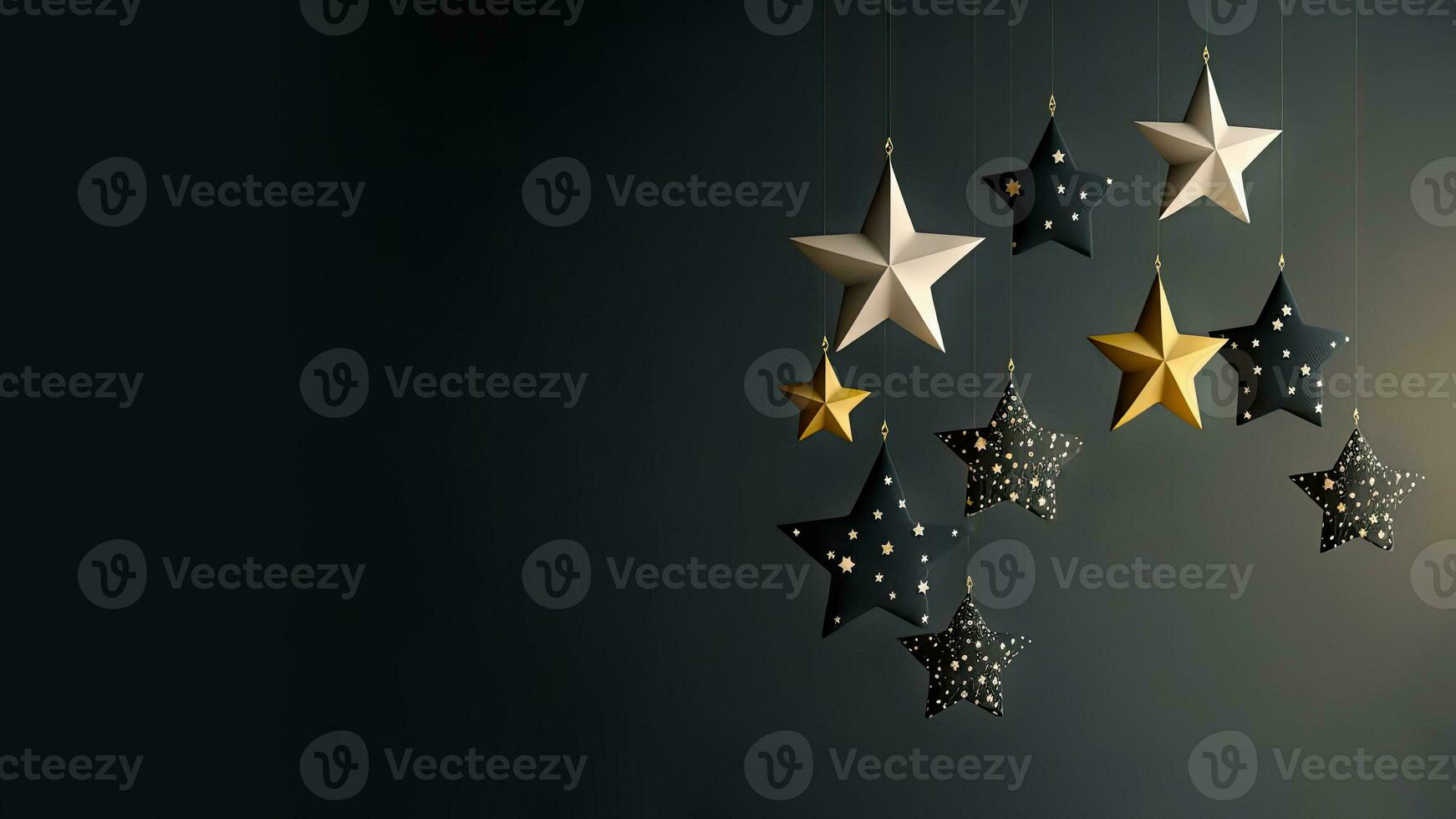 3D Render of Different Style Stars Hang On Black Background. photo