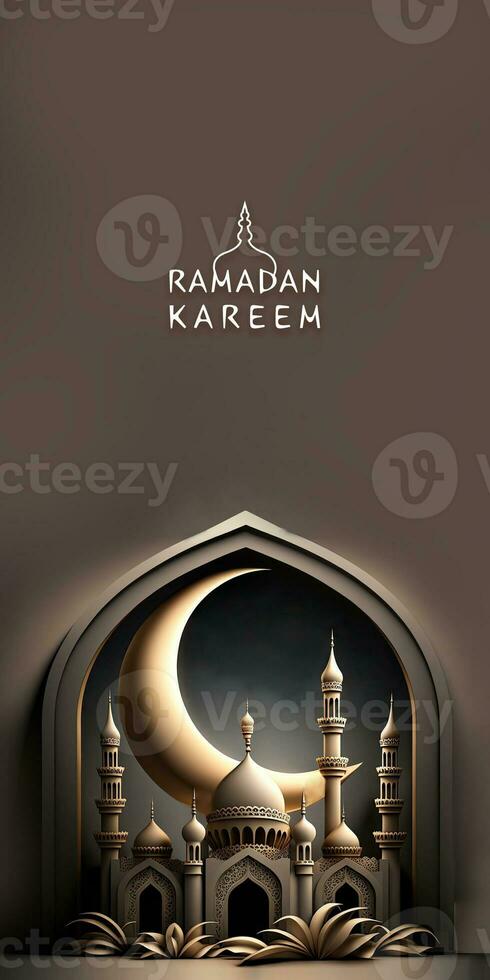 Ramadán kareem vertical bandera diseño con 3d hacer de Exquisito mezquita, creciente Luna dentro ventana forma. foto