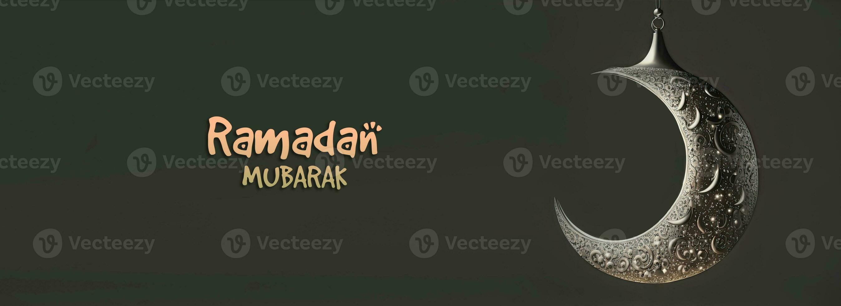 Ramadan Mubarak Banner Design With 3D Render of Silver Exquisite Crescent Moon Hang. photo
