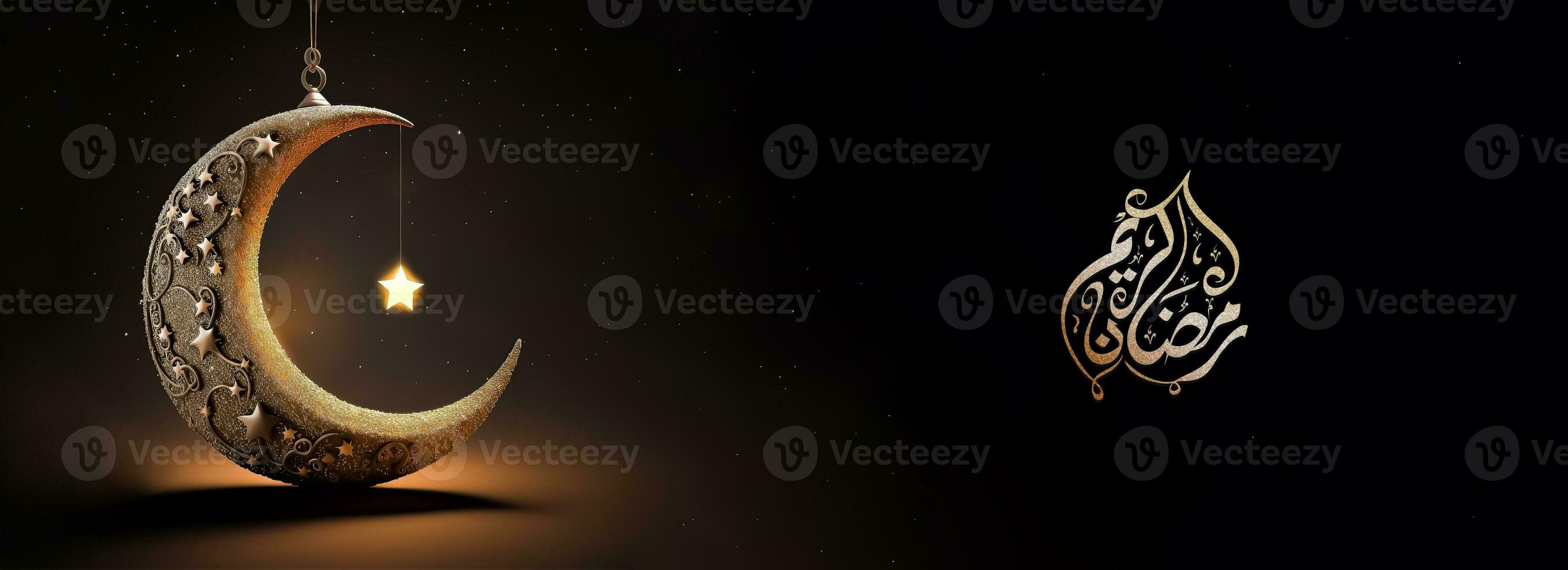 Arabic Calligraphy of Ramadan Kareem With 3D Render, Golden Exquisite Crescent Moon And Glowing Star Hang On Black Background. photo