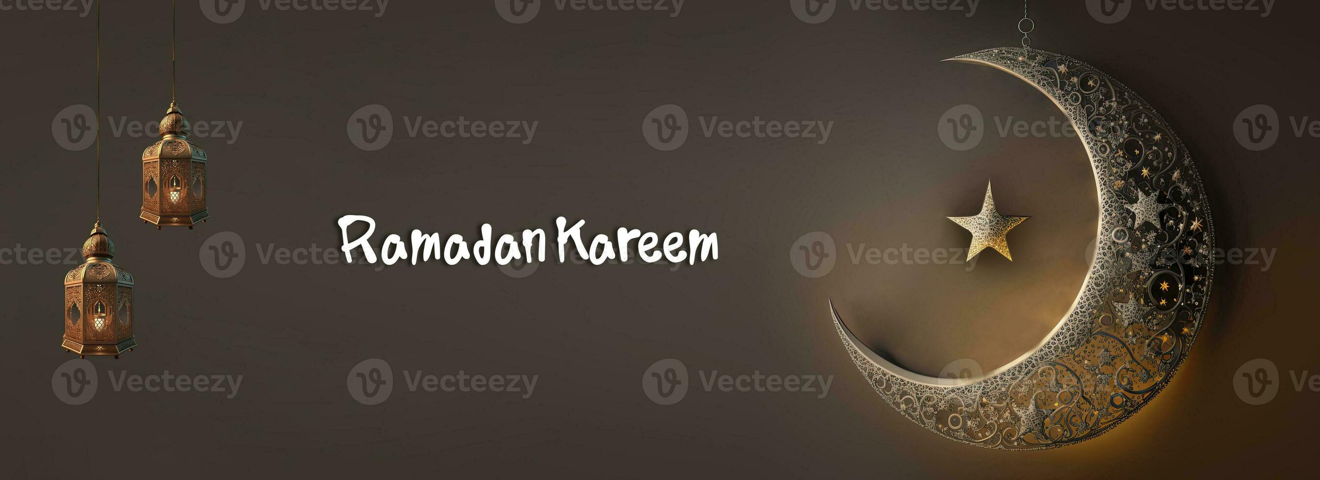 Ramadan Kareem Banner Design With 3D Render of Hanging Exquisite Crescent Moon, Star And Illuminated Arabic Lamps. photo
