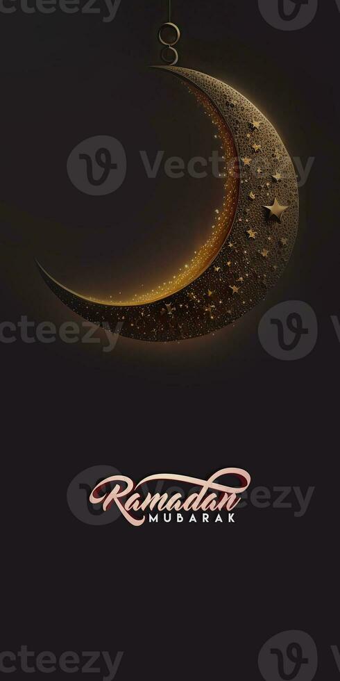 Ramadan Mubarak Vertical Banner With 3D Render of Hanging Elegant Crescent Moon, Stars. photo