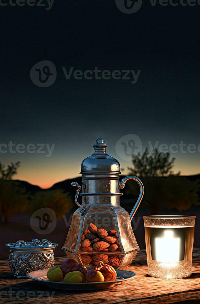 3D Render of Arabic Dates Jug With Lit Lantern On Wooden Texture Background And Sunrise or Sunset. Islamic Religious Concept. photo