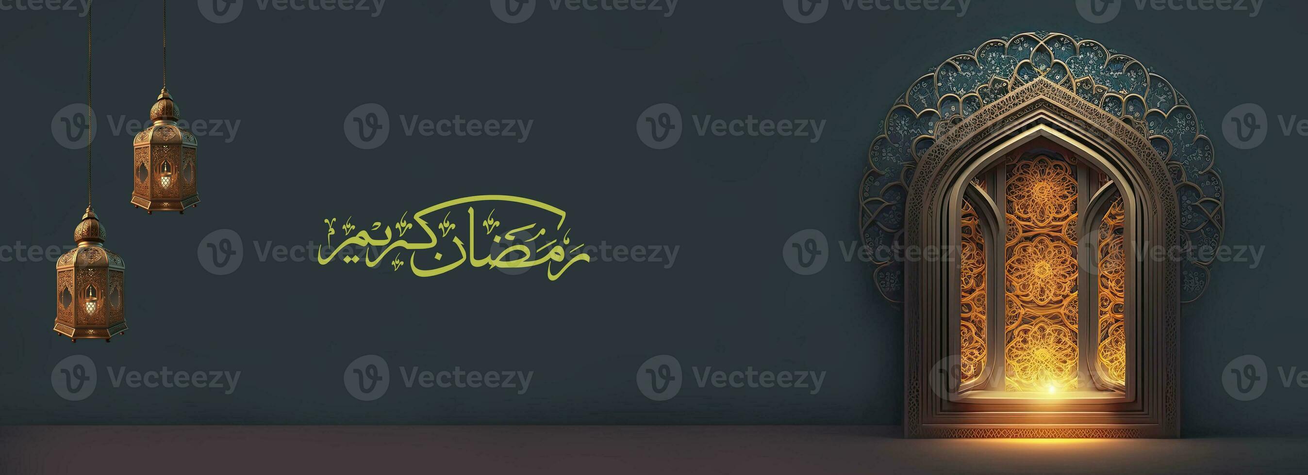 Arabic Calligraphy of Ramadan Kareem With Hanging Lit Arabic Lamps On Shiny Islamic Door. photo