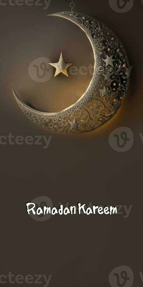 Ramadan Kareem Vertical Banner Design, 3D Render of Hanging Exquisite Crescent Moon With A Star. photo