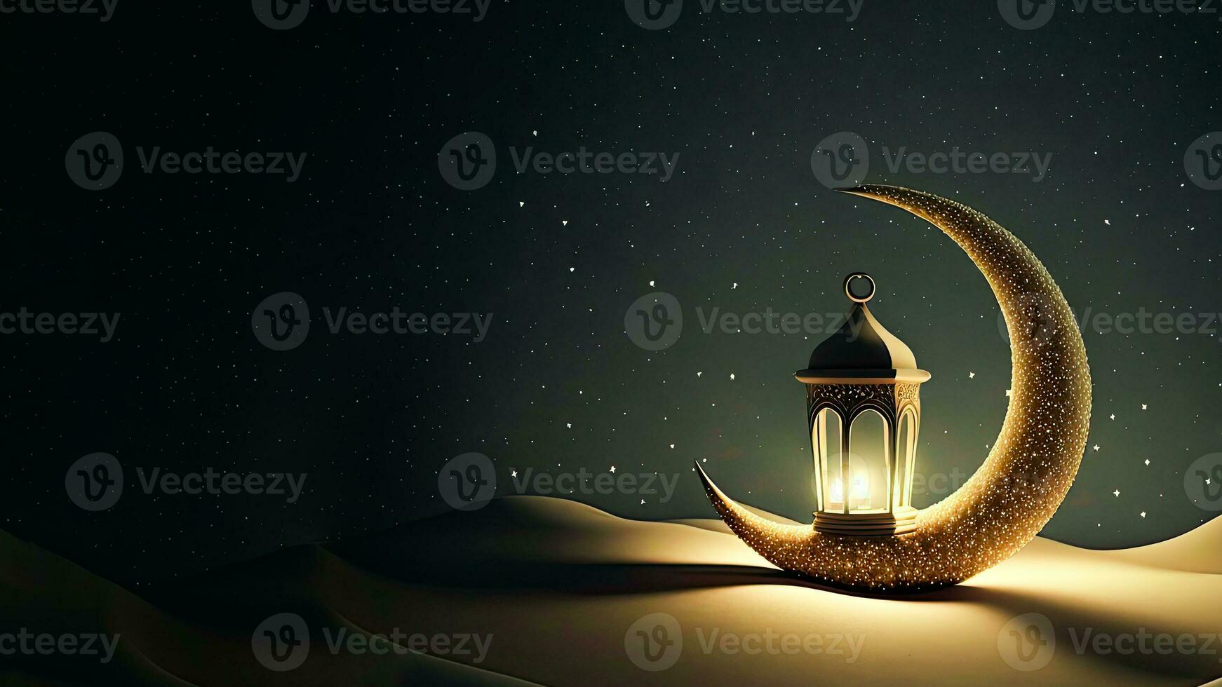 3D Render of Golden Crescent Moon With Illuminated Arabic Lantern On Sand Dune. Islamic Religious Concept. photo