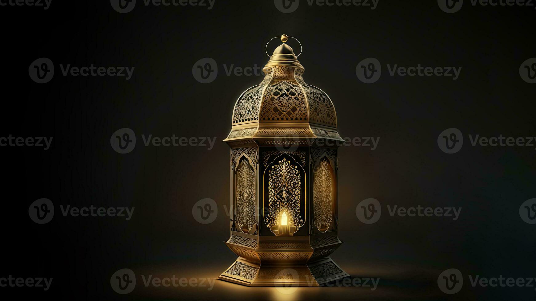 3D Render of Illuminated Golden Arabic Lanterns On Dark Background. Islamic Religious Concept. photo