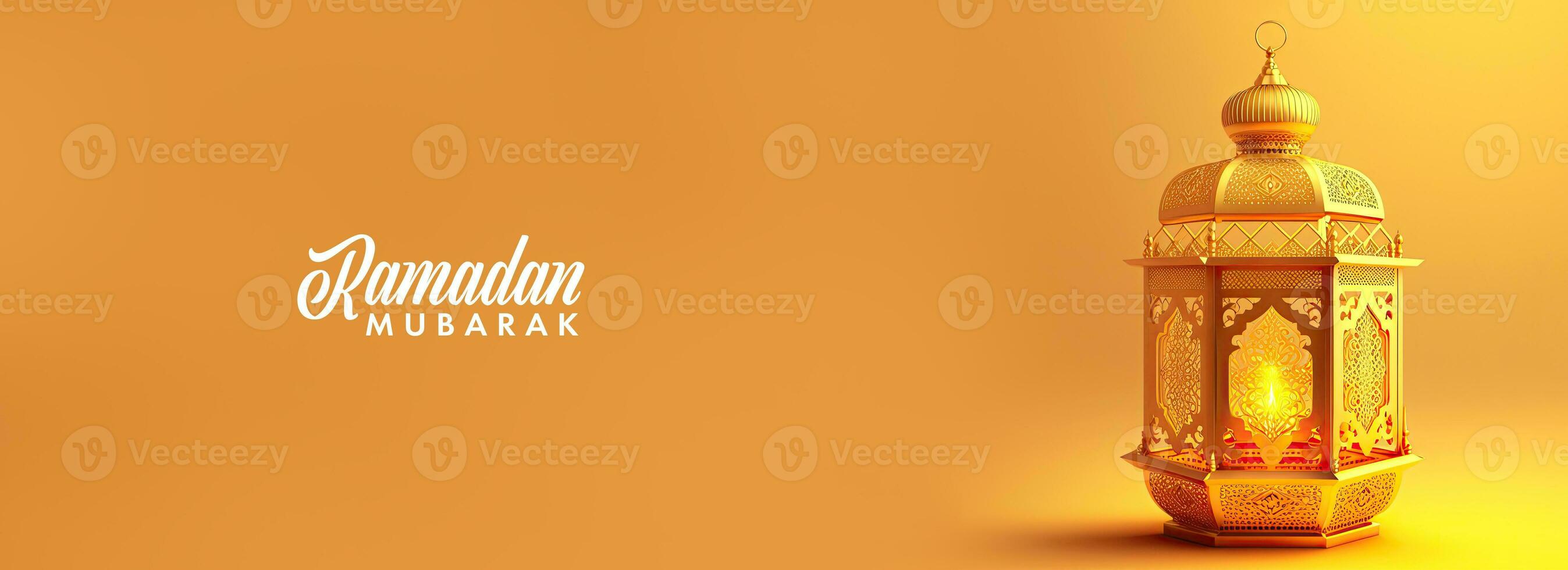 Ramadan Mubarak Banner Design With 3D Render of Golden Illuminated Arabic Lamp On Chrome Yellow Background. photo