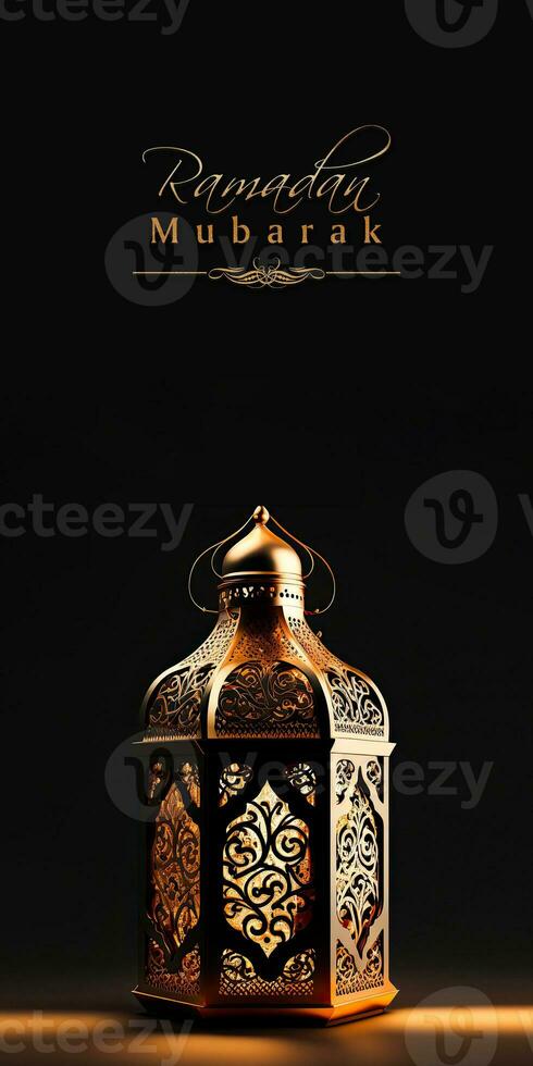 Ramadan Mubarak Banner Design With Realistic Illuminated Arabic Lamp On Black Background. 3D Render. photo