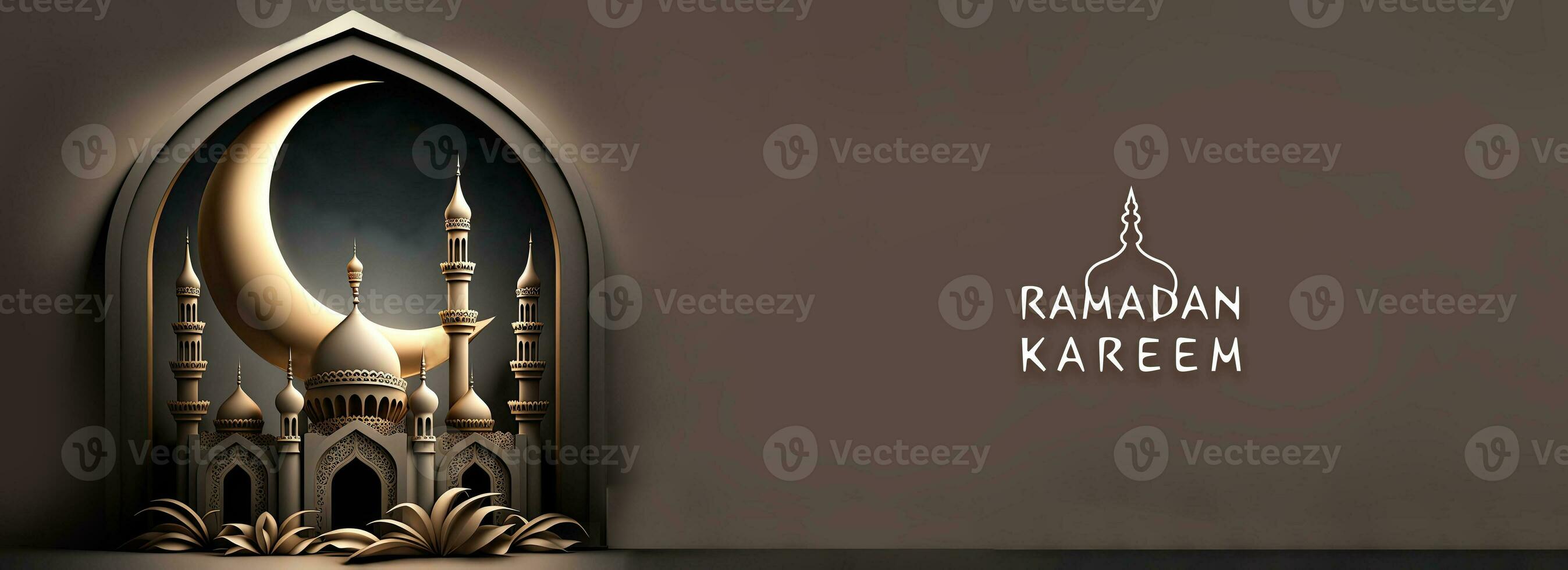 Ramadan Kareem Banner Design With 3D Render of Exquisite Mosque, Crescent Moon Inside Window Shape. photo