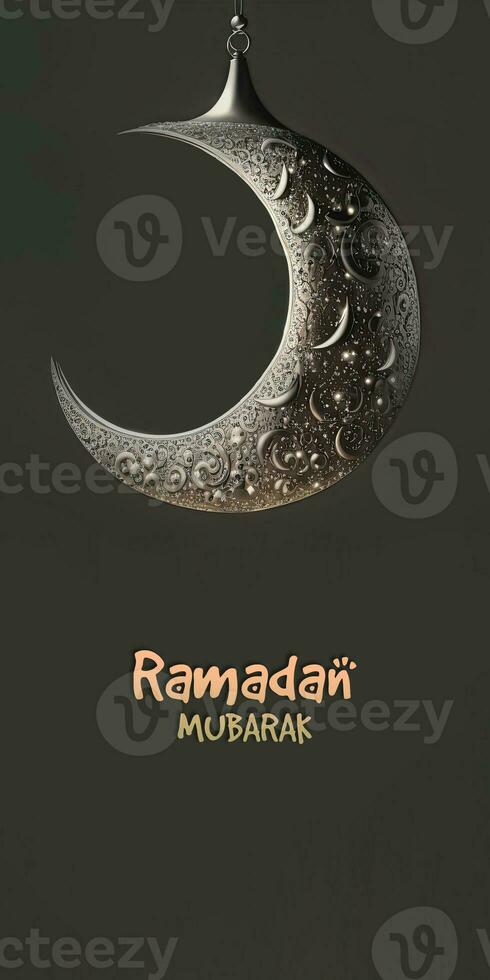 Ramadan Mubarak Vertical Banner Design With 3D Render of Silver Exquisite Crescent Moon Hang. photo