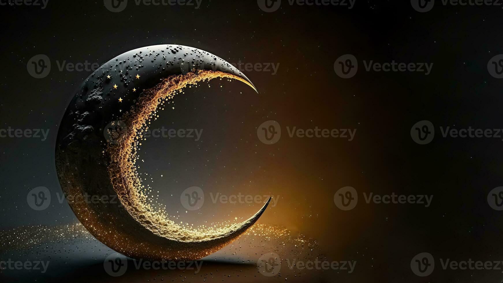 3D Render of Dispersion Effect Crescent Moon On Dark Background. Islamic Religious Concept. photo