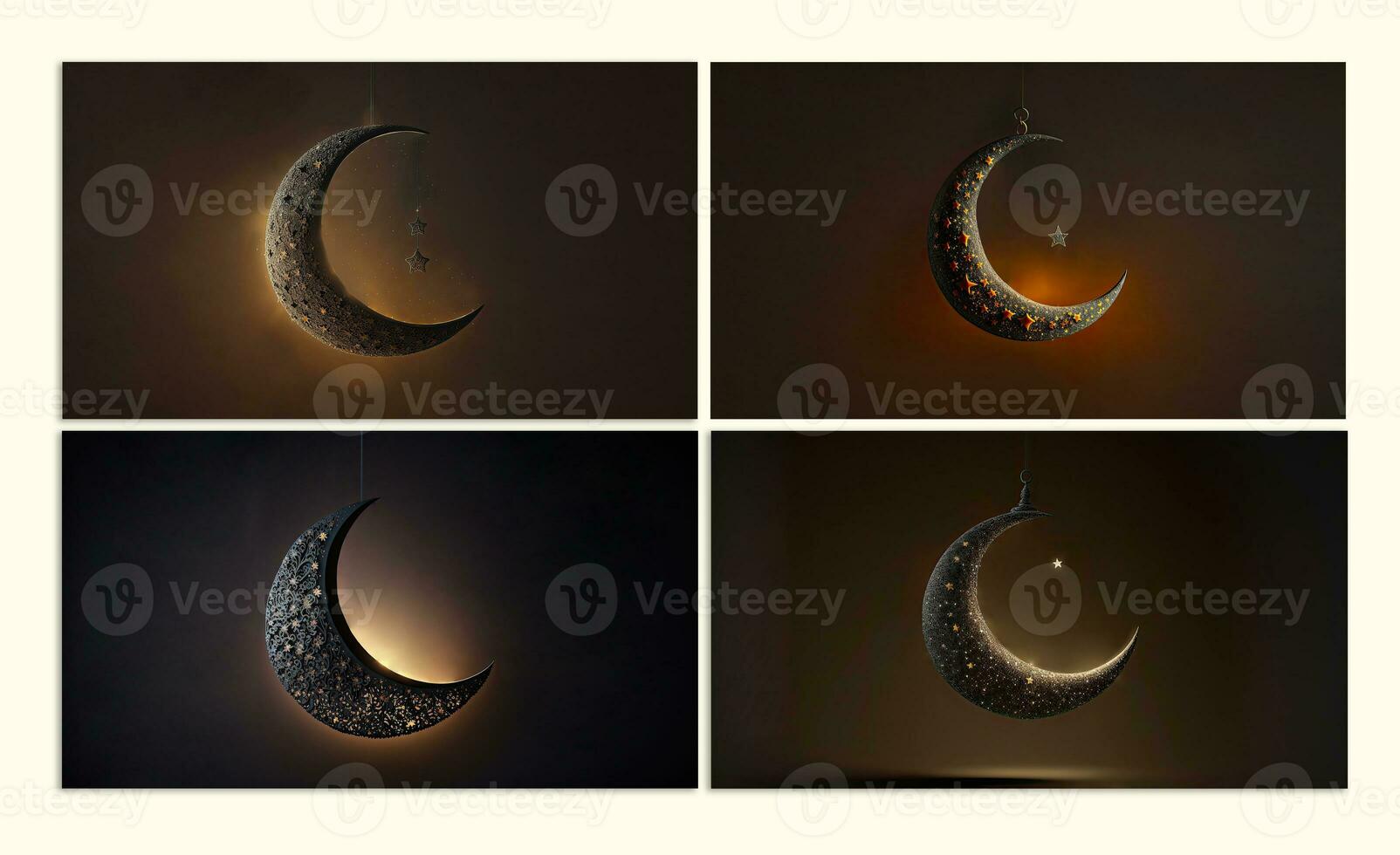 Collection of Hanging Exquisite Crescent Moon With Star On Dark Background. 3D Render. Islamic Festival Concept. photo