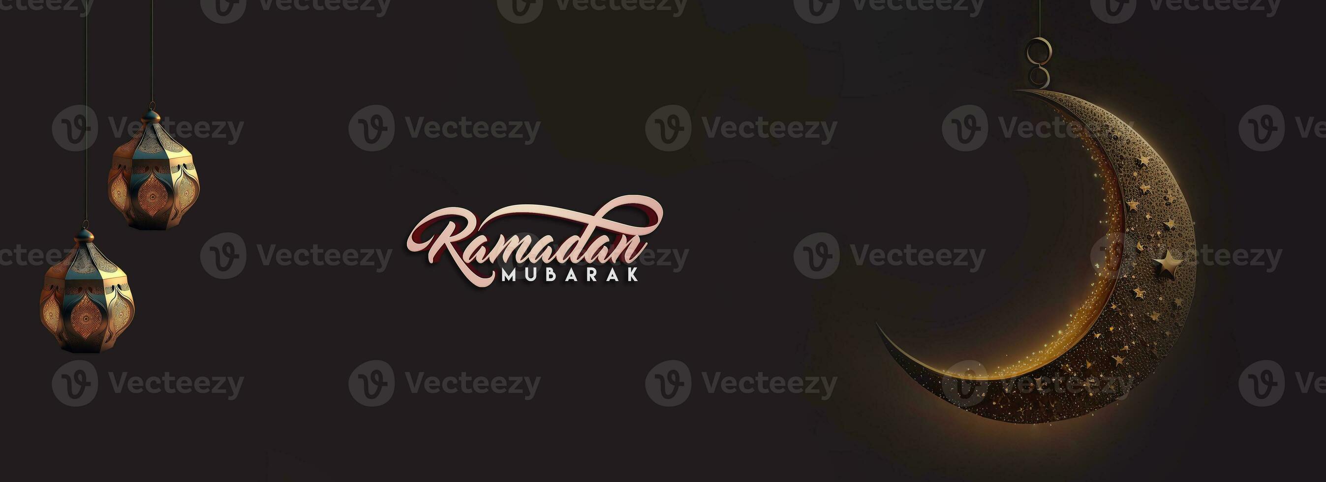 Ramadan Mubarak Banner Design With 3D Render of Hanging Elegant Crescent Moon, Stars And Arabic Lamps. photo