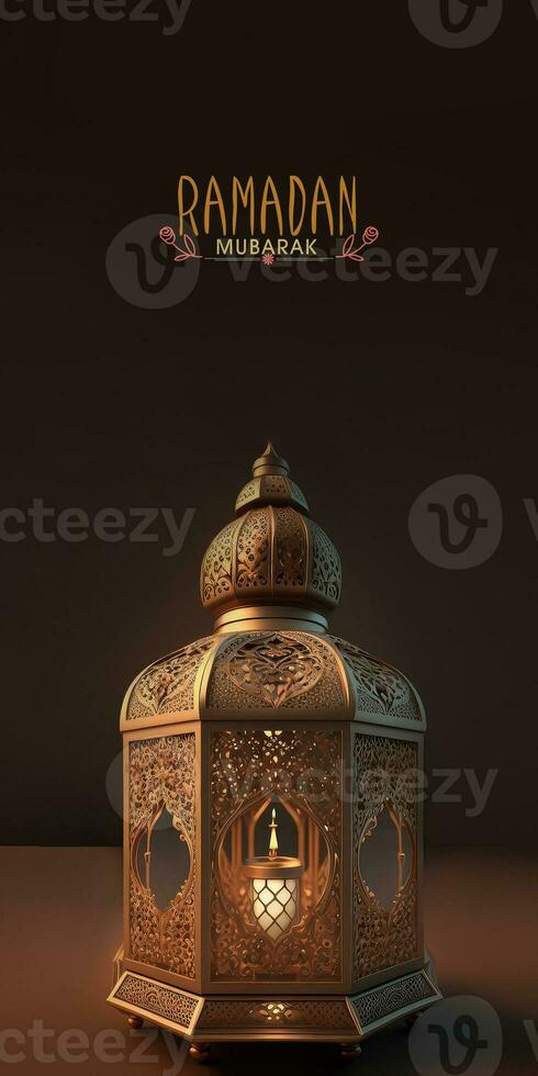Ramadan Mubarak Vertical Banner Design With 3D Render of Illuminated Exquisite Arabic Lamp On Dark Brown Background. photo