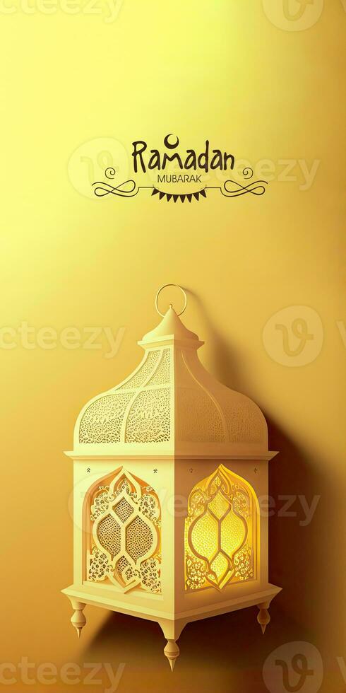 Ramadán Mubarak vertical bandera con 3d hacer de dorado iluminado Arábica lámpara en amarillo antecedentes. foto