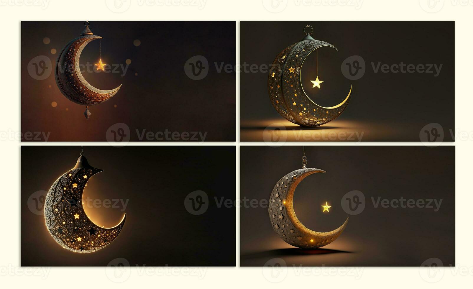 Collection of Hanging Exquisite Crescent Moon With Golden Shiny Star On Dark Background. 3D Render. photo