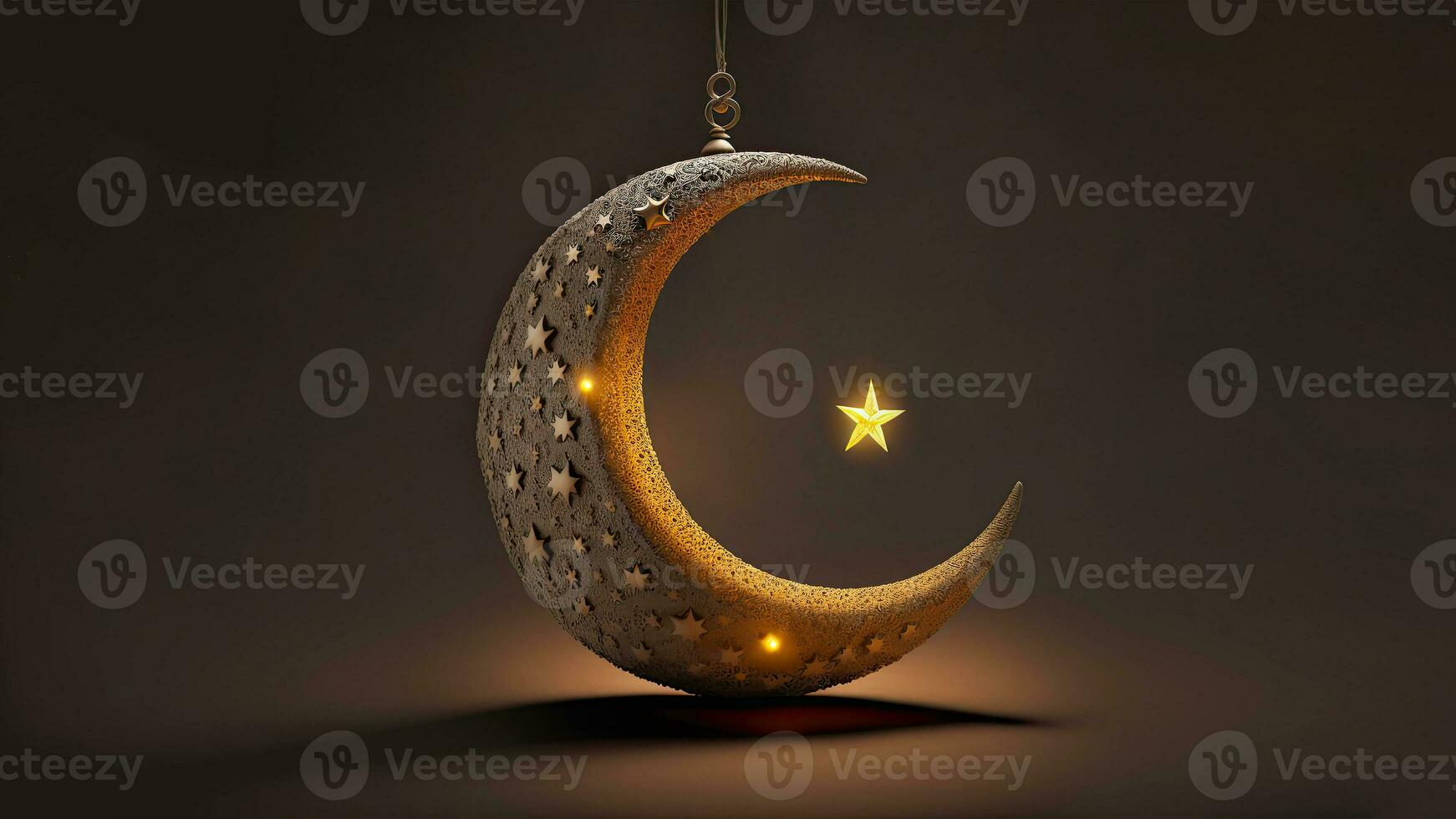 3D Render of Hanging Exquisite Shiny Carved Moon With Star On Dark Background. Islamic Religious Concept. photo