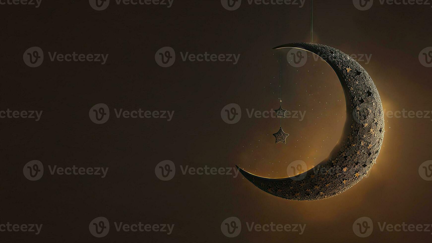 3D Render of Hanging Exquisite Shiny Carved Moon With Stars On Black Background. Islamic Religious Concept. photo