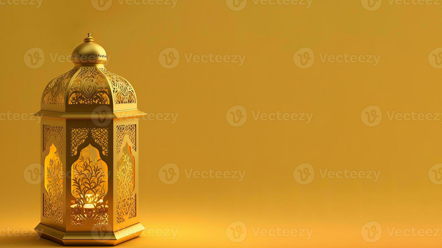 Illuminated Golden Arabic Lantern On Mustard Background. Islamic Religious Concept. 3D Render. photo