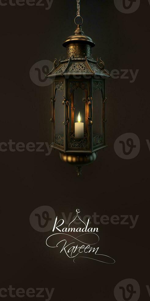 Ramadan Kareem Vertical Banner Design With 3D Render of Illuminated Arabic Lamp Hang. photo