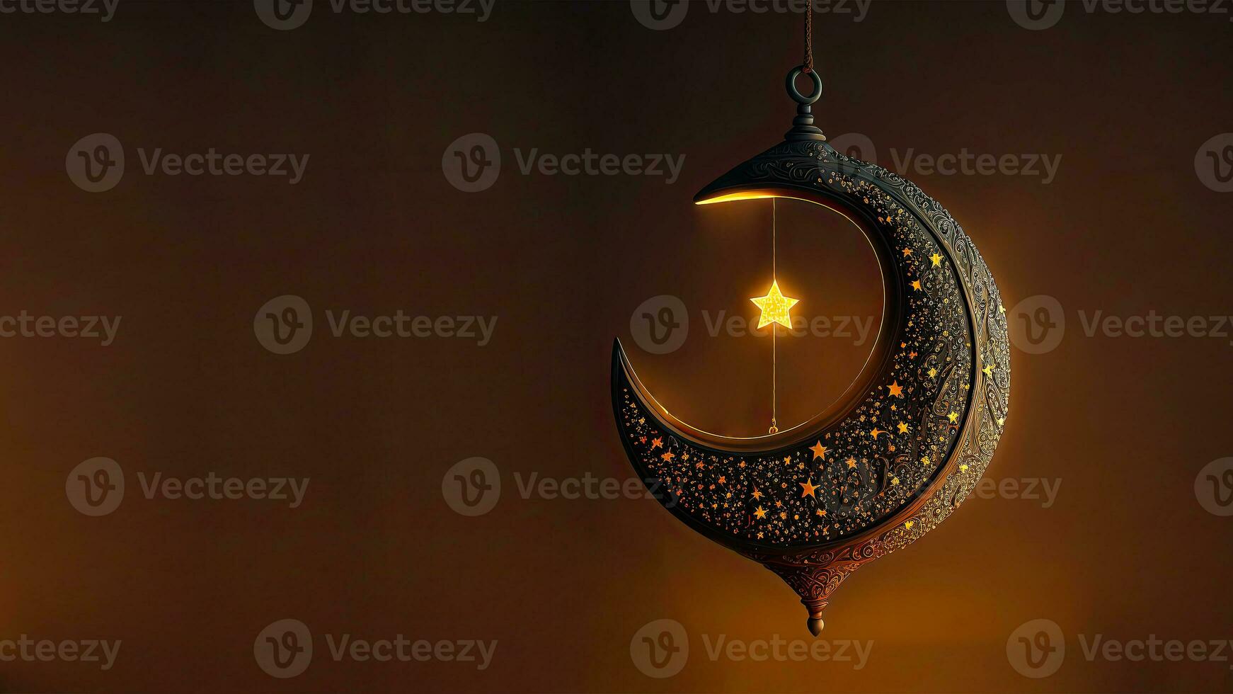3D Render of Hanging Exquisite Carved Moon With Star On Dark Background. Islamic Religious Concept. photo
