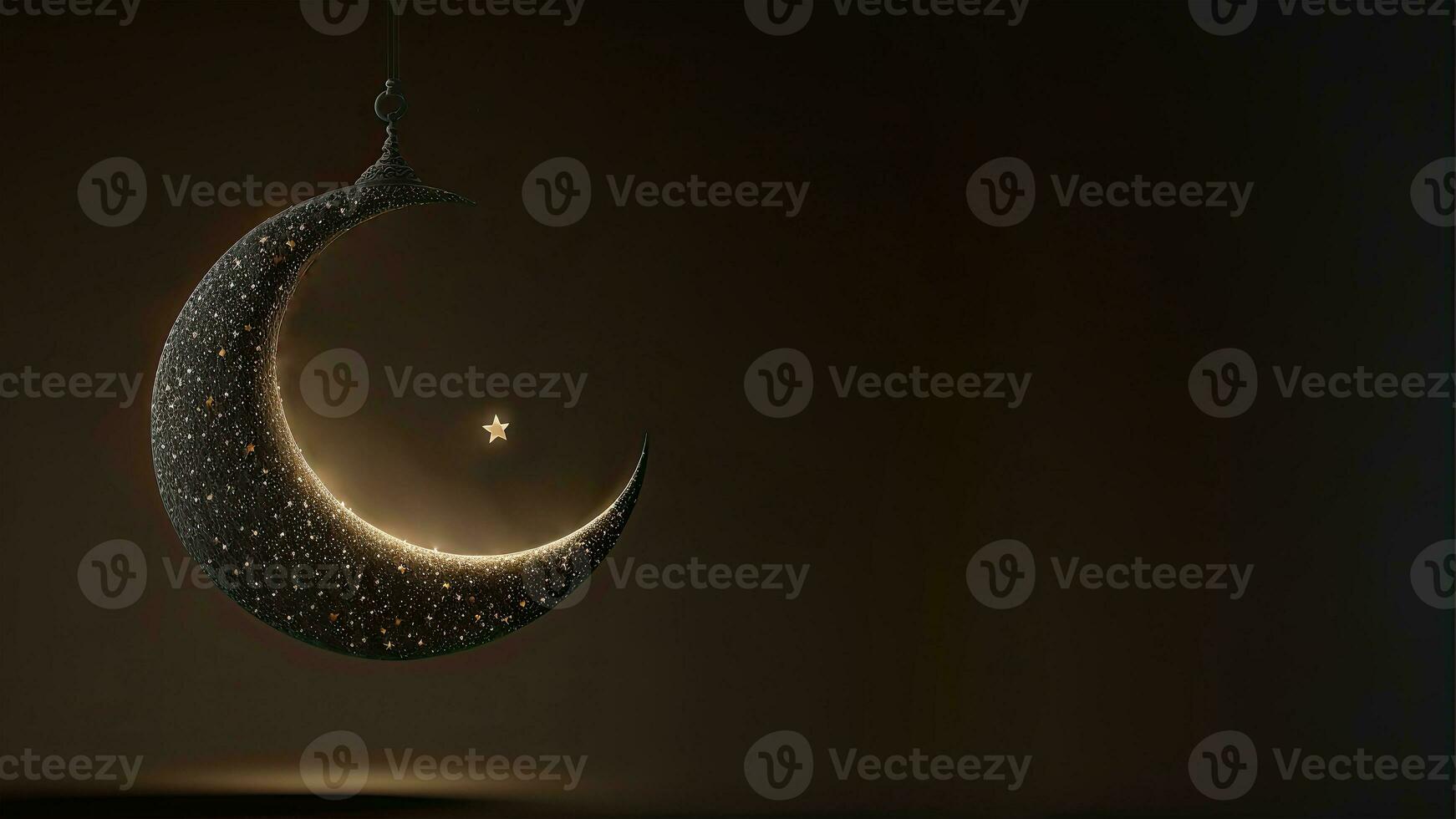 3D Render of Hanging Exquisite Shiny Carved Moon With Stars On Black Background. Islamic Religious Concept. photo