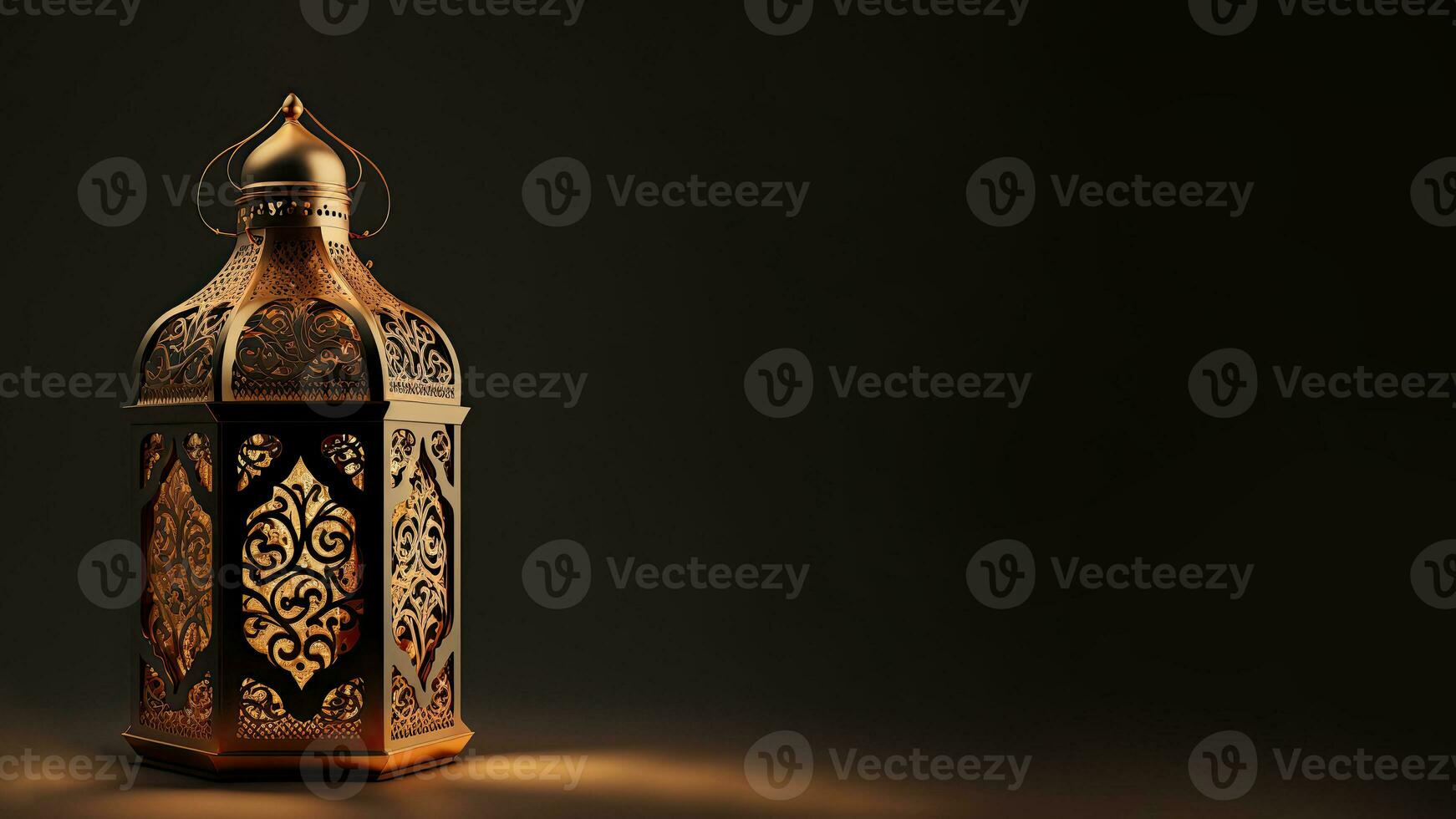 Realistic Illuminated Arabic Lantern On Black Background. Islamic Religious Concept. 3D Render. photo