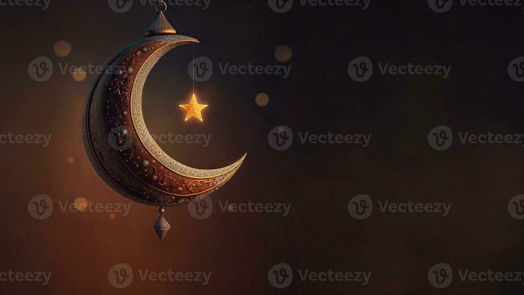 3D Render of Hanging Exquisite Shiny Carved Moon With Stars On Black Background. Islamic Religious Concept. photo
