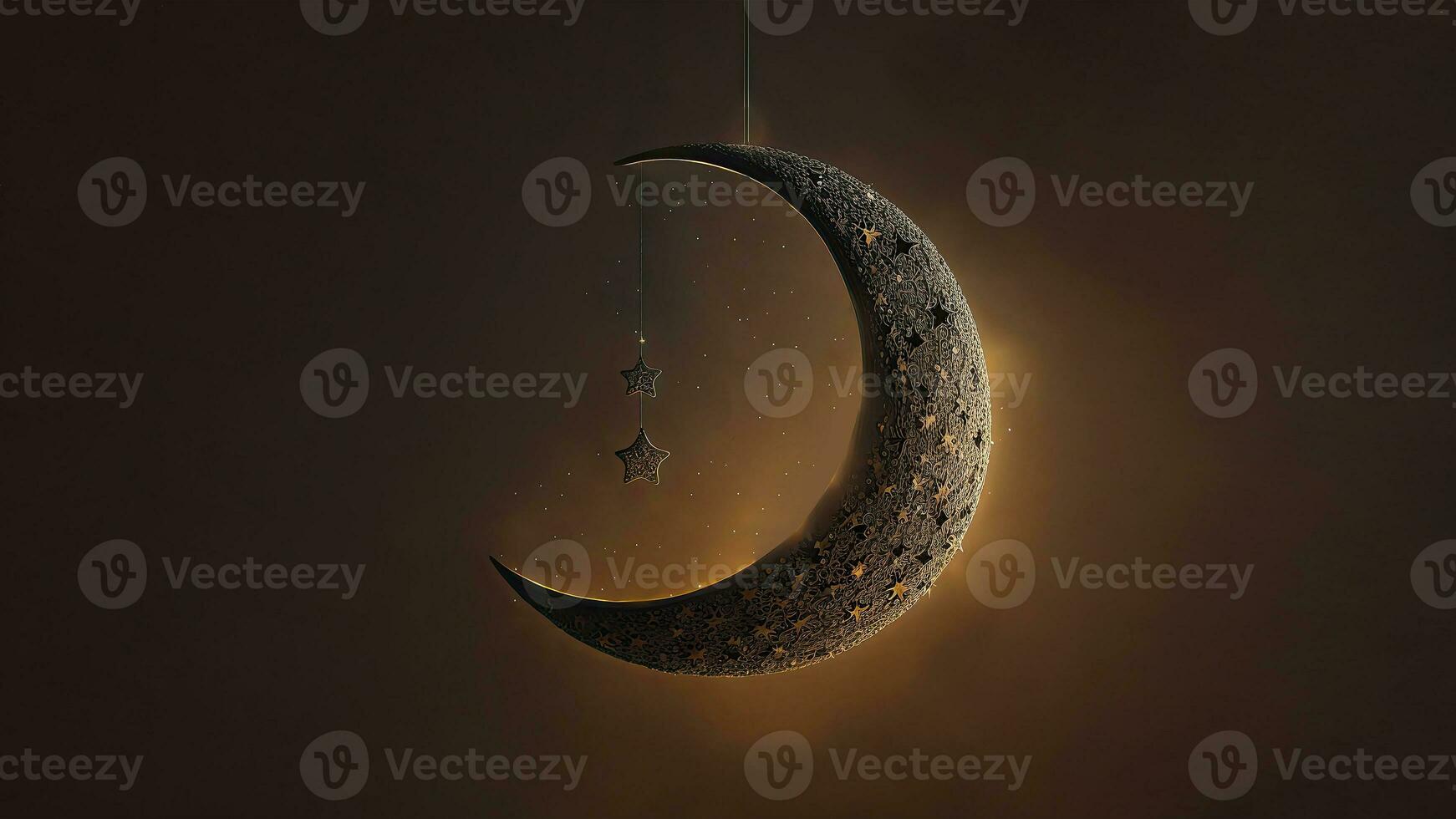 3D Render of Hanging Exquisite Shiny Carved Moon With Stars On Black Background. Islamic Religious Concept. photo