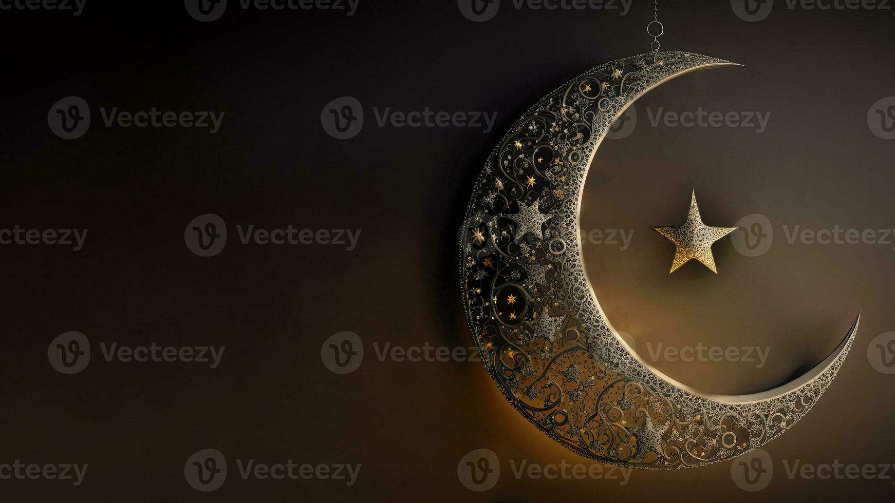 3D Render of Hanging Exquisite Carved Moon With Star On Dark Background. Islamic Religious Concept. photo