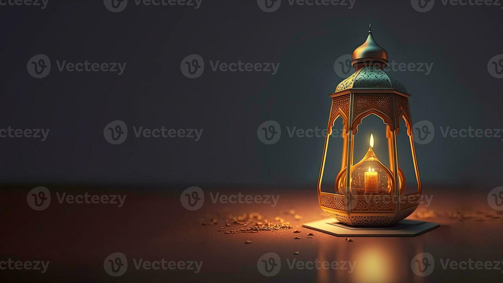 Realistic Illuminated Arabic Lantern On Dark Background. Islamic Religious Concept. 3D Render. photo